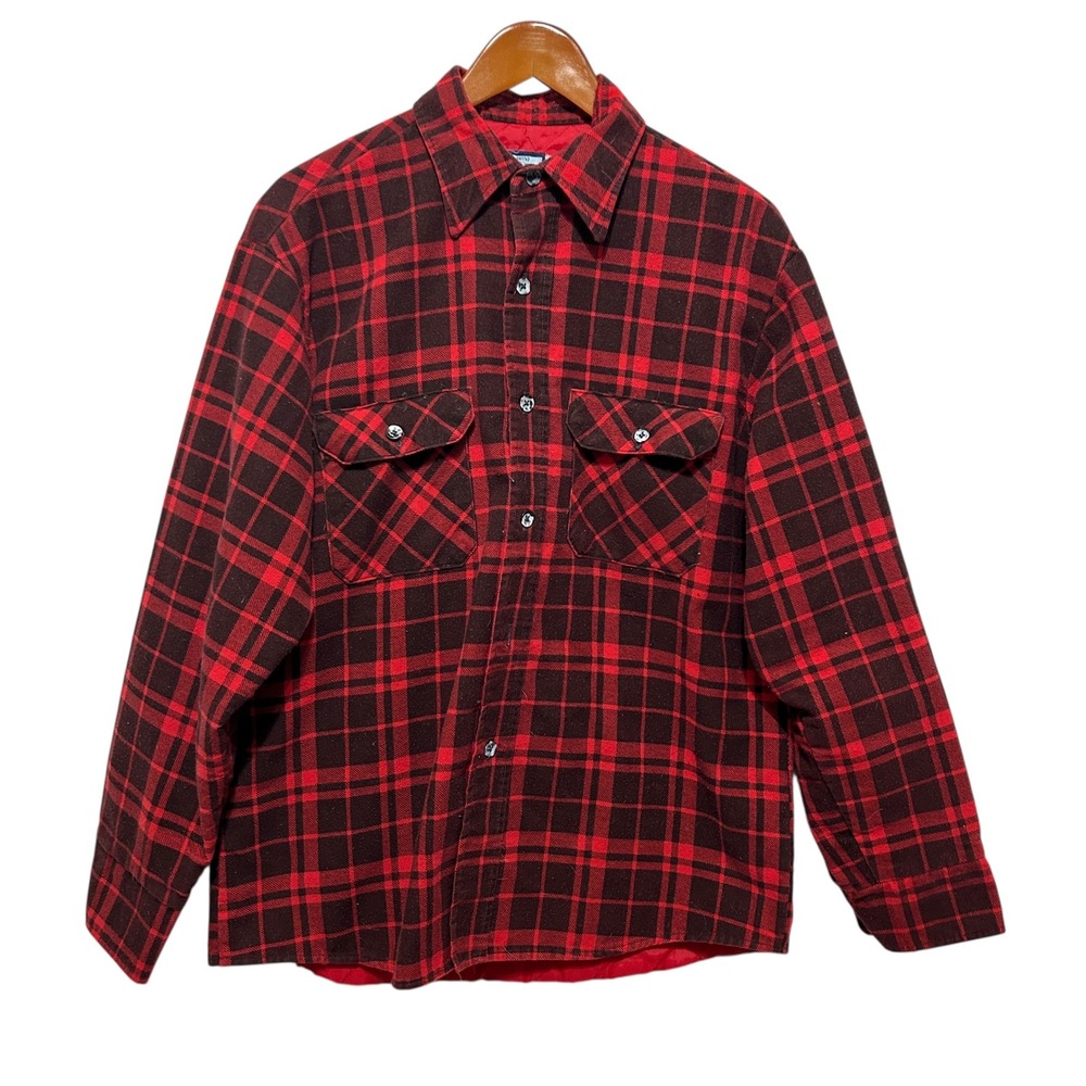 Vintage Fieldmaster Mens Flannel‎ Jacket Shirt L Red Black Plaid Quilted Lined
